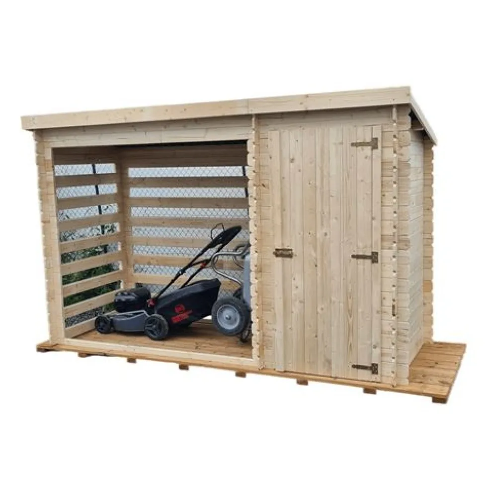 Abri-bûches 2 m² en bois brut 20 mm avec abri fermé 3,29 x 1,22 m HABRITA