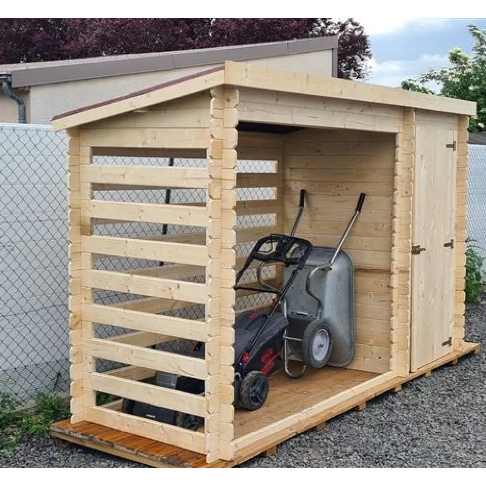 Abri-bûches 2 m² en bois brut 20 mm avec abri fermé 3,29 x 1,22 m HABRITA