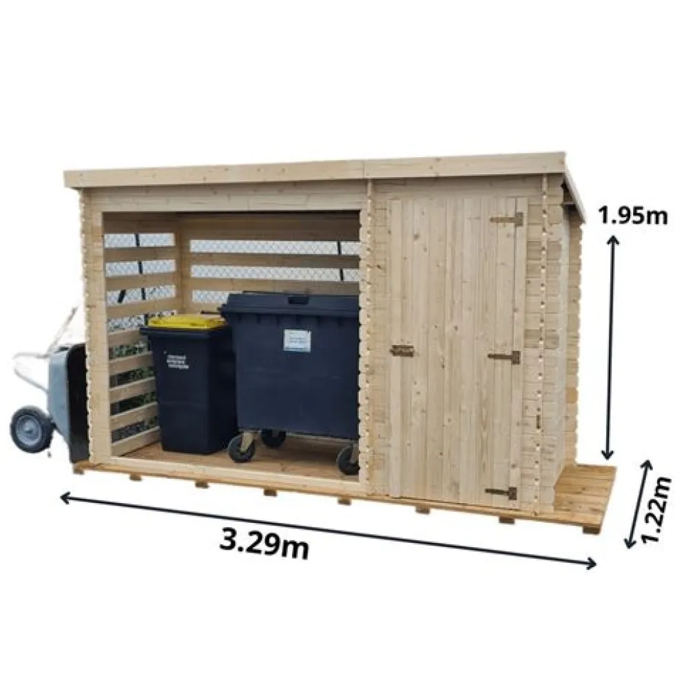 Abri-bûches 2 m² en bois brut 20 mm avec abri fermé 3,29 x 1,22 m HABRITA