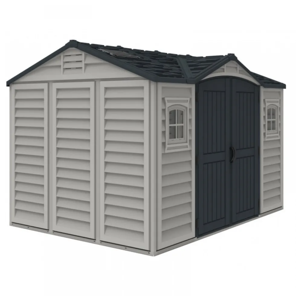 Abri de jardin PVC Apex + kit de fondation - kit 2 fenêtre - 2 puits de lumière - 8,05 m² DURAMAX