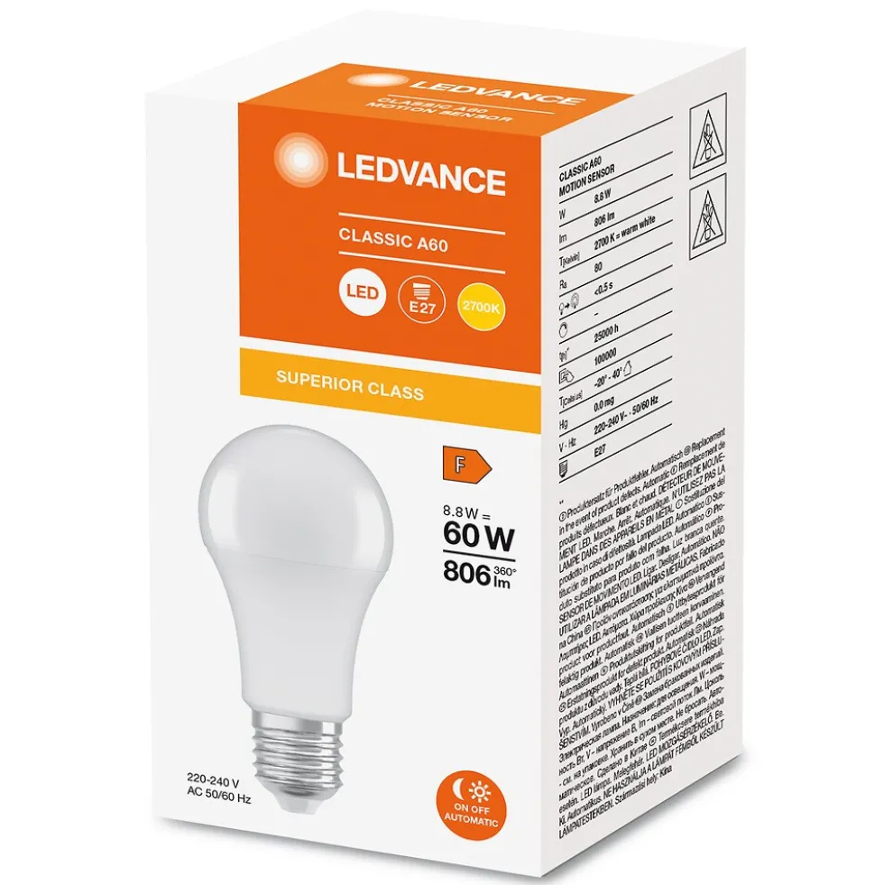 Ampoule LED E27 8,8W avec détecteur de mouvement et capteur de lumière Ledvance