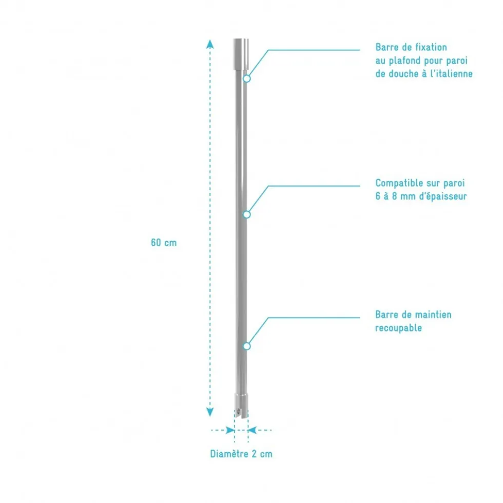 Barre de fixation au plafond pour paroi de douche Parma 2 - 60 cm recoupable AURLANE