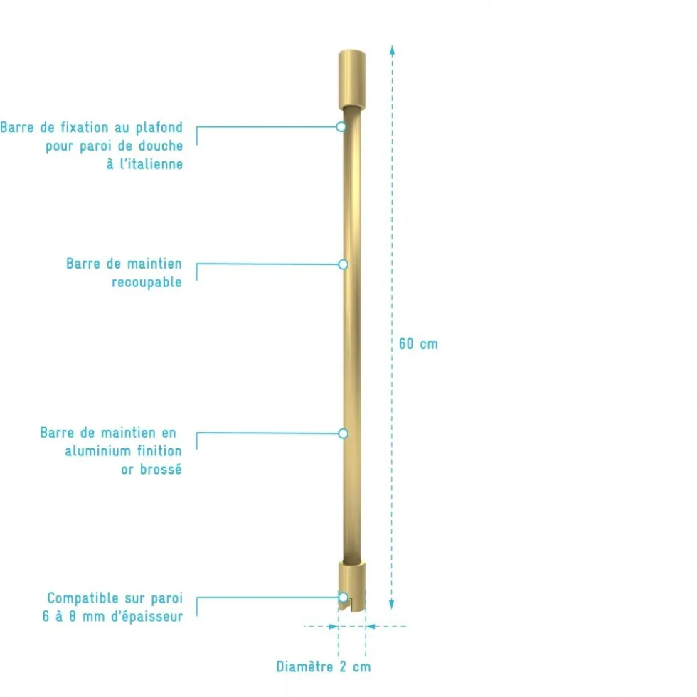 Barre de fixation au plafond pour paroi de douche Parma 2 - 60 cm recoupable AURLANE