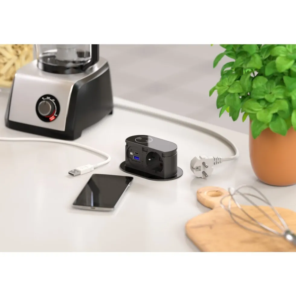 Bloc multiprise escamotable 1 prise + 2 chargeurs USB A+C Piccolino QI SYNERCIA