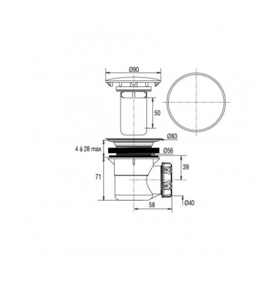 Bonde de douche Ø60 mm - sortie horizontale - capot chromé Ø90 VALENTIN