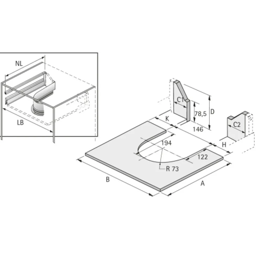 Bordure de protection du tiroir - découpe arrondie du siphon HETTICH