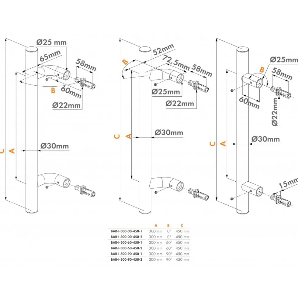 Bâtons de maréchal Bar-I en inox pour portail angle 60° - Quickfix LOCINOX