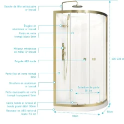 Cabine de douche 1/4 rond 90 cm dorée à porte coulissante - Goldy AURLANE