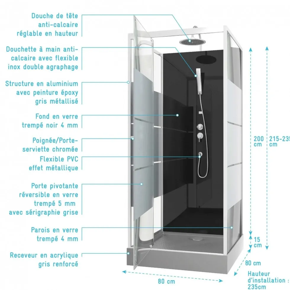 Cabine de douche 80 x 80 cm Study avec porte pivotante sérigraphiée AURLANE