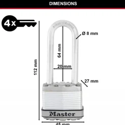Cadenas à clé - acier laminé - 45mm de large - anse octogonale de 64mm MASTER LOCK