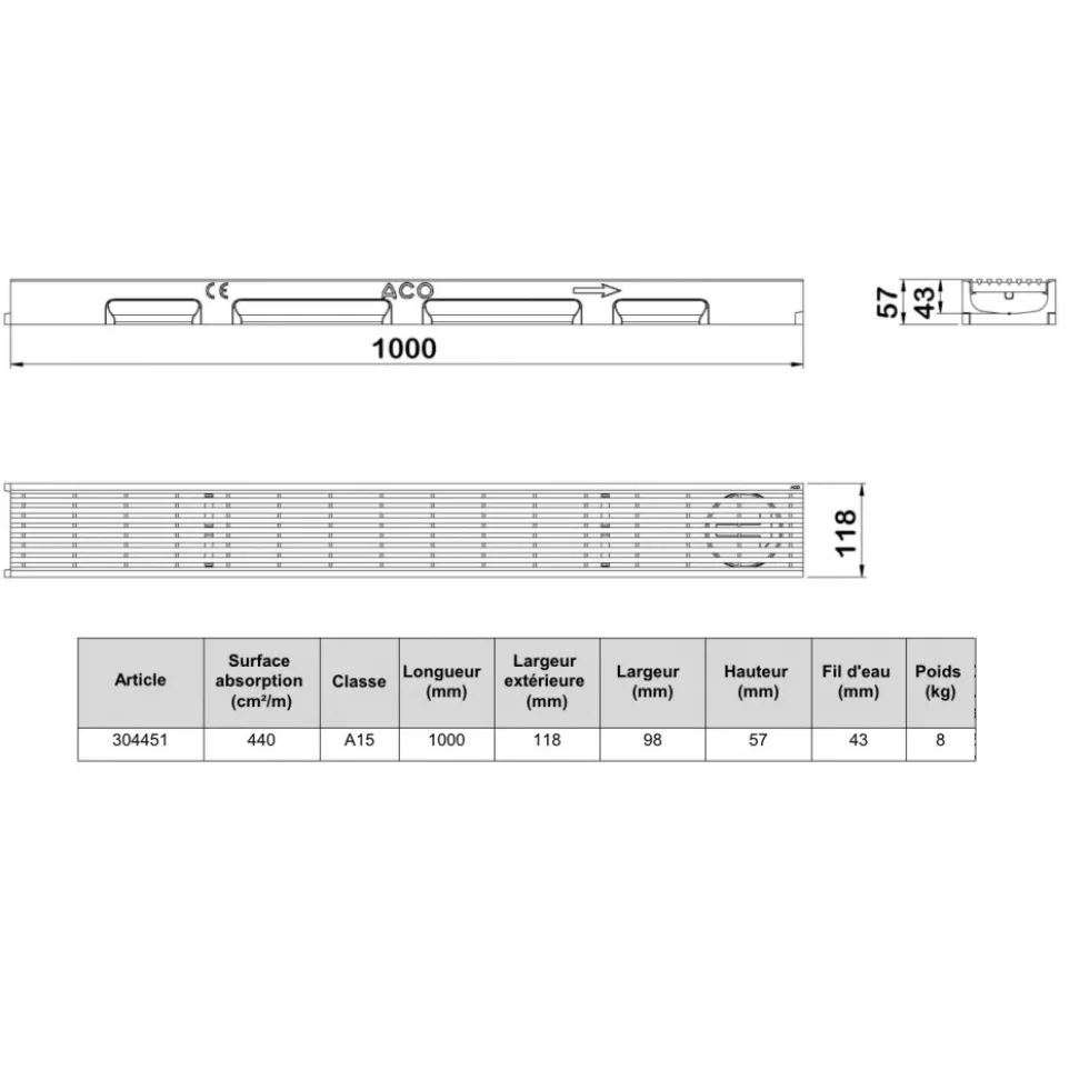 Caniveau béton polymère H55mm avec grille fil inox 316L - Self 100 ACO