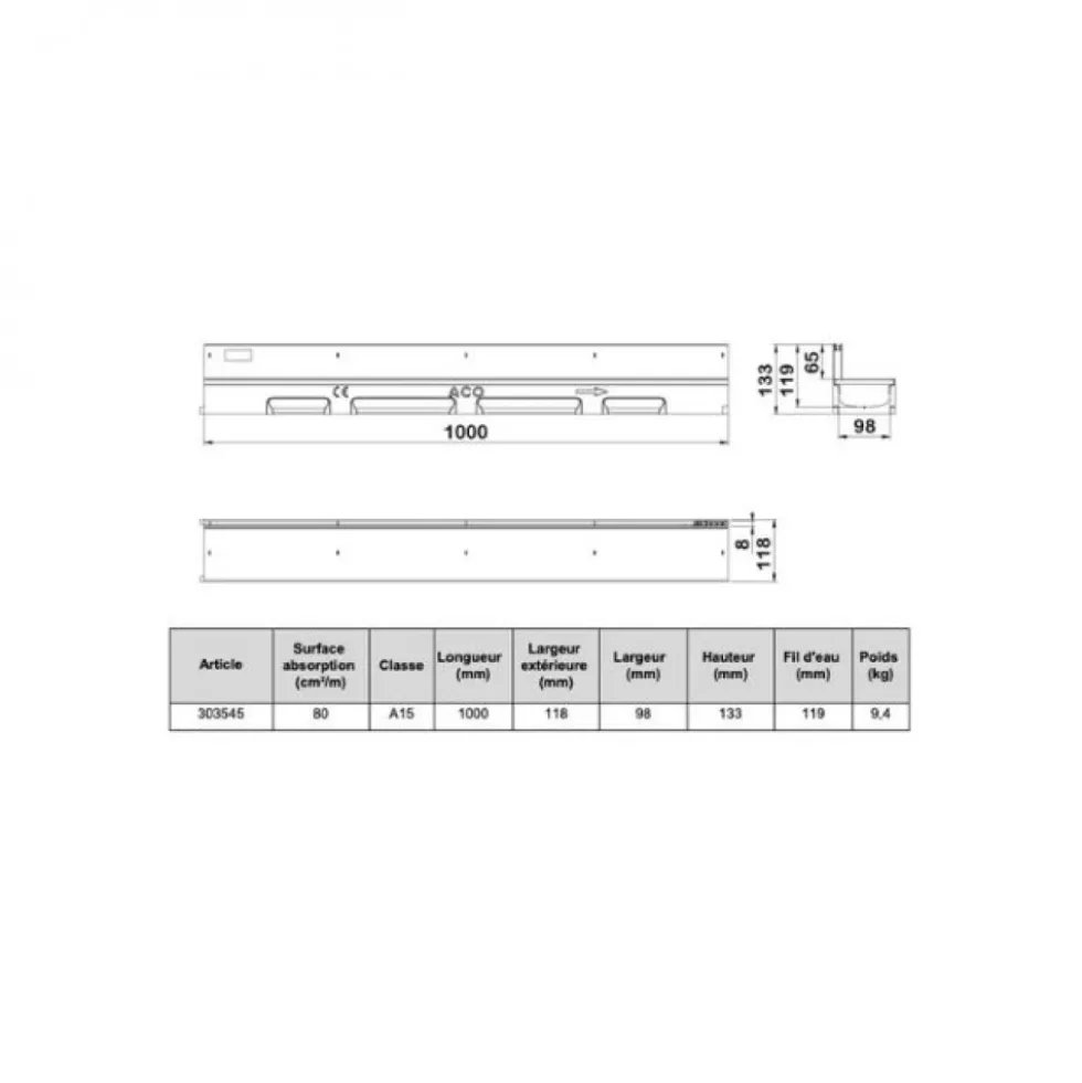Caniveau béton polymère H55mm avec couverture à fente Inox 316L - Self 100 ACO