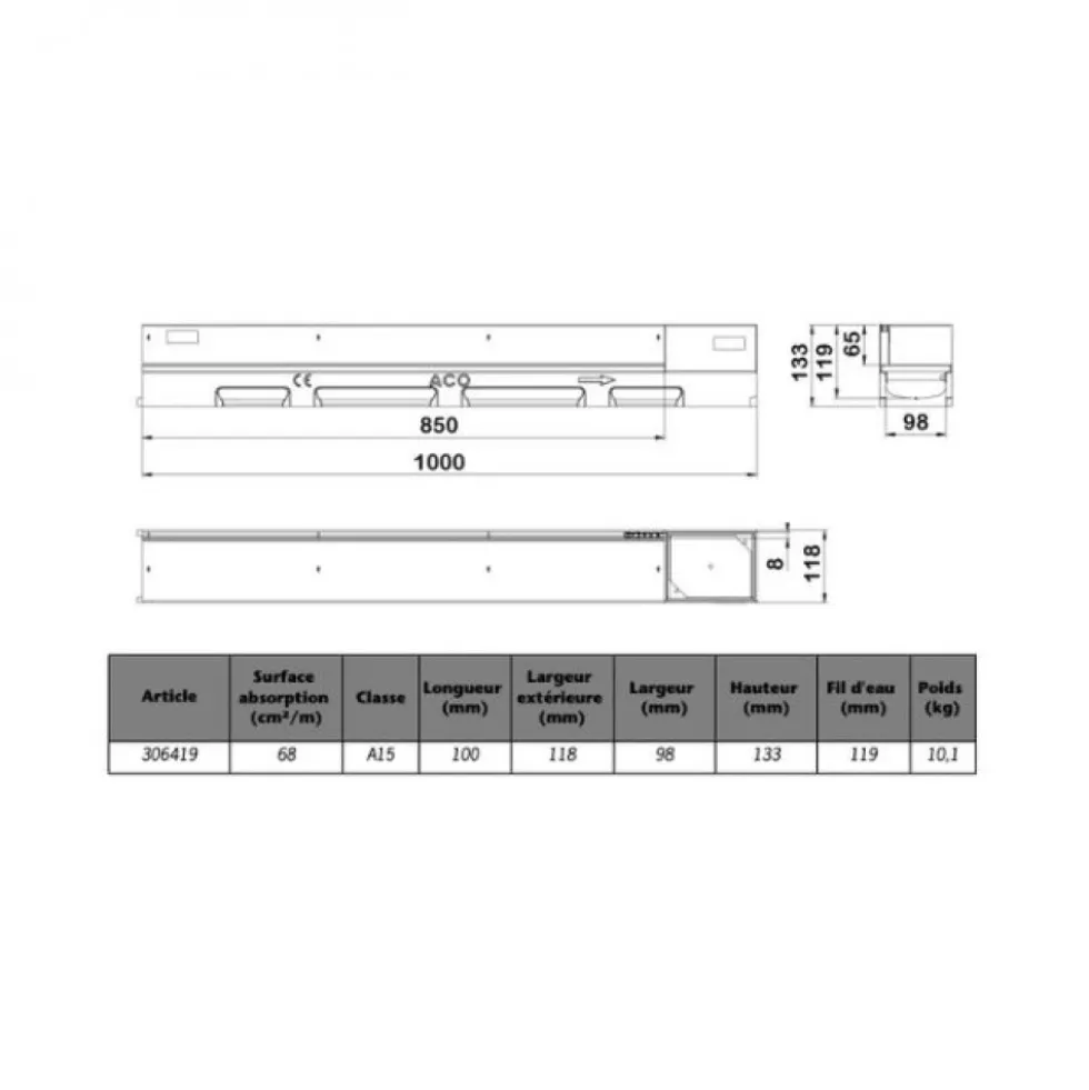 Caniveau béton polymère H55mm avec couv à fente et élément de visite Inox 316L - Self 100 ACO
