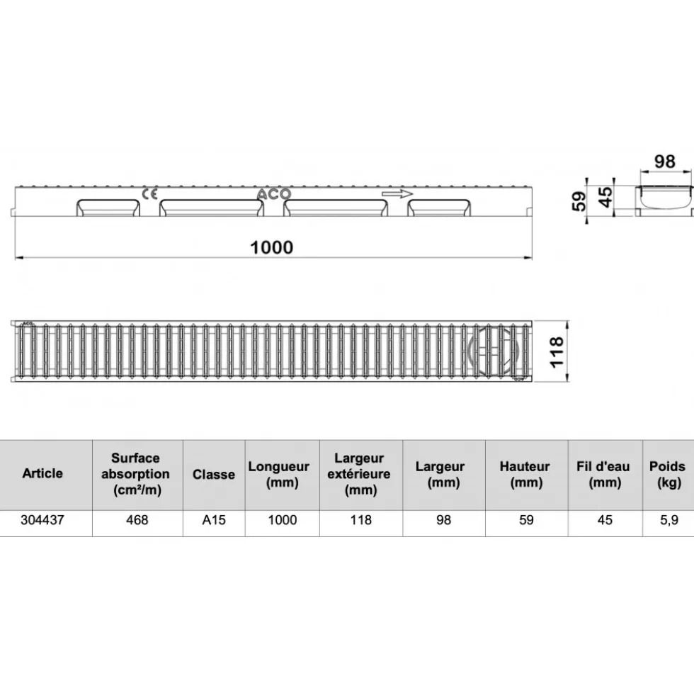 Caniveau béton polymère H55mm avec grille passerelle Inox 304L - Self 100 ACO