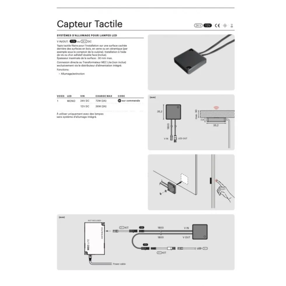 Capteur tactile invisible 24V 72W pour fonctions d'éclairage L&S LIGHT