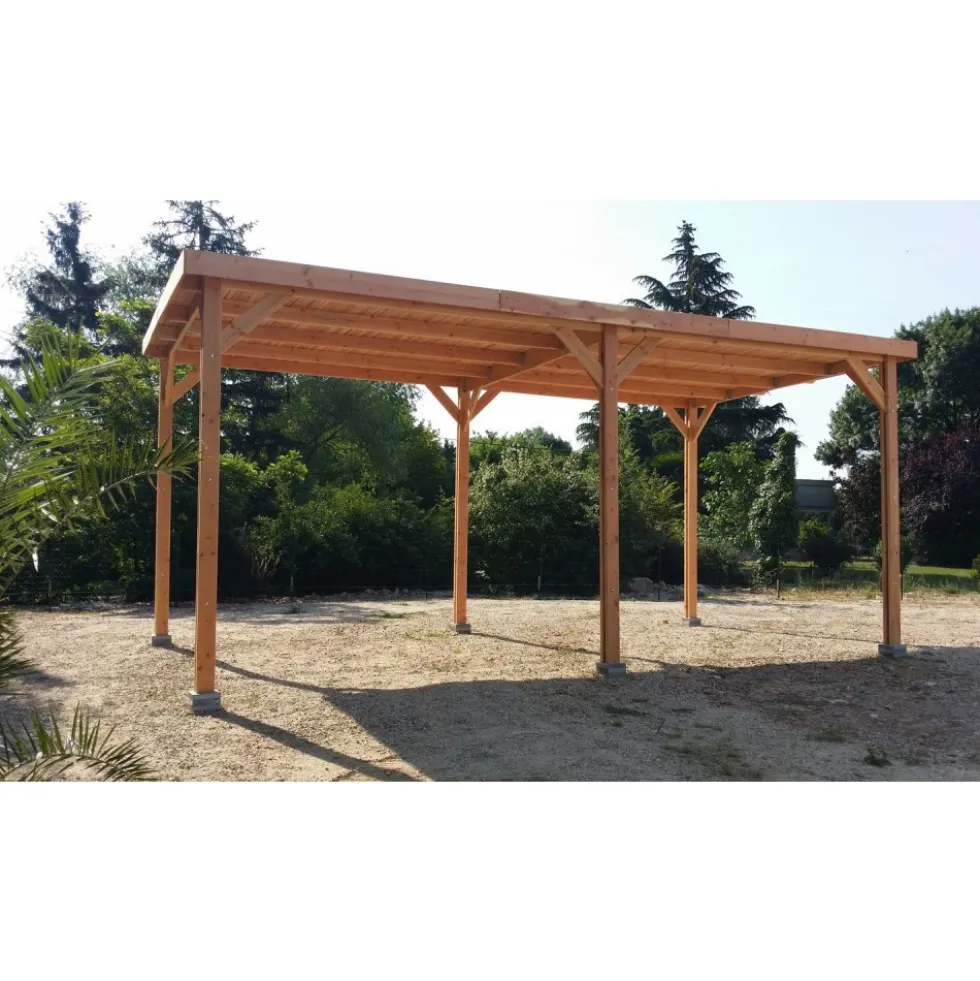 Carport toit plat en bois Douglas - 6 poteaux - 350 x 650 cm CPBF