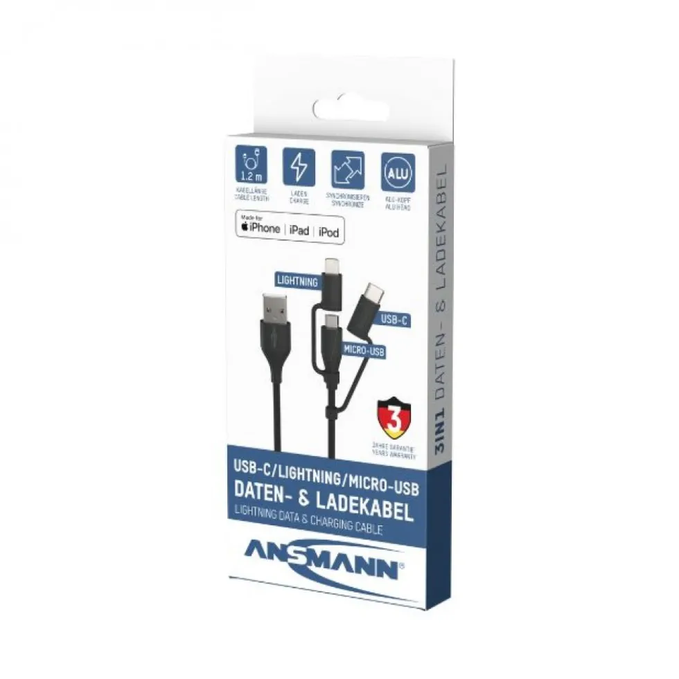 Câble de données et de chargement USB - 3-en-1 - 120 cm ANSMANN