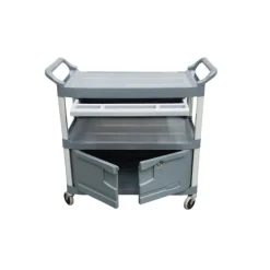 Chariot de service gris avec portes à serrure et tiroir coulissant RUBBERMAID