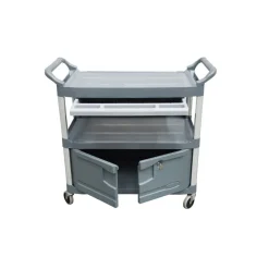 Chariot de service gris avec portes à serrure et tiroir coulissant RUBBERMAID