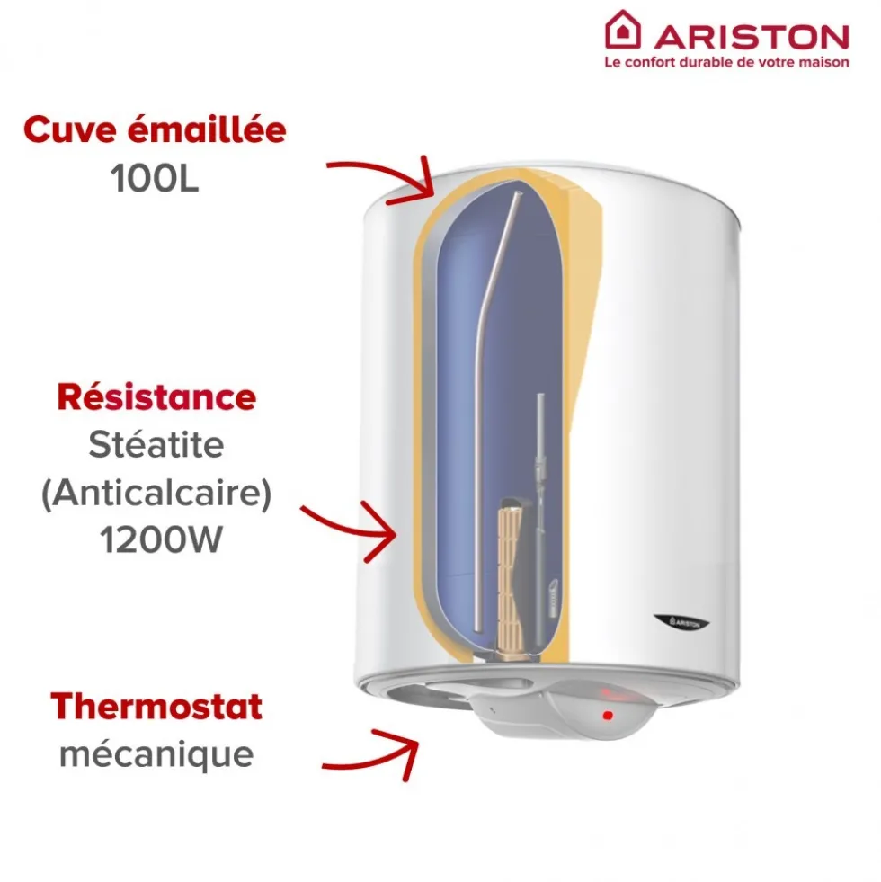 Chauffe-eau électrique stéatite vertical Sagéo 100L avec trépied et groupe de sécurité ARISTON