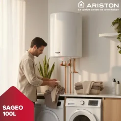 Chauffe-eau électrique stéatite vertical Sagéo 100L avec trépied et groupe de sécurité ARISTON