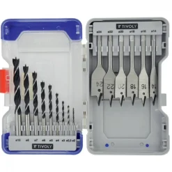 Coffret 9 forets bois 3 pointes 2 à 10mm + 6 mèches bois plates 14 à 24mm TIVOLY