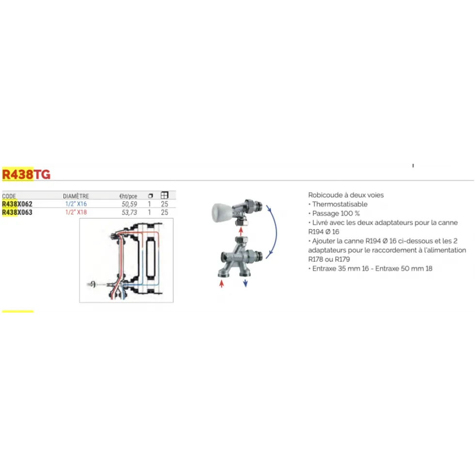Corps de robinet thermostatique bitube à 2 voies R438TG GIACOMINI