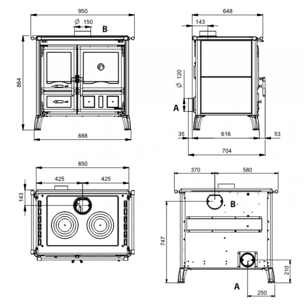 Cuisinière à bois 9,5 kW en fonte et acier noir anthracite - Gardenia.16 Steel LA NORDICA EXTRAFLAME