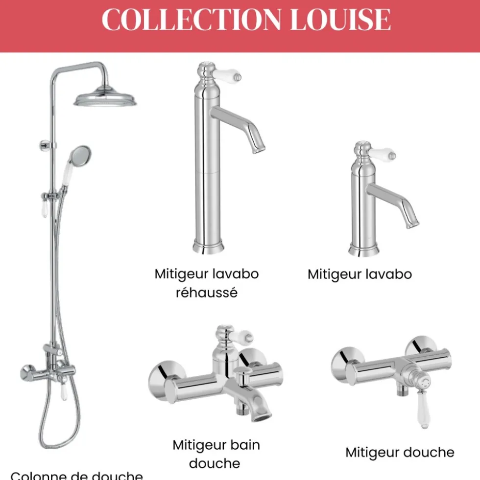 Ensemble de douche rétro avec barre et douchette - chromé - Louise JACOB DELAFON
