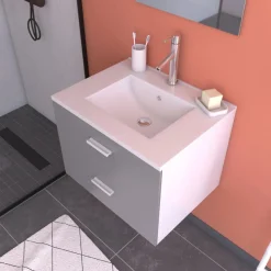 Ensemble meuble vasque salle de bains 60 cm - 2 tiroirs - gris - Lift AURLANE