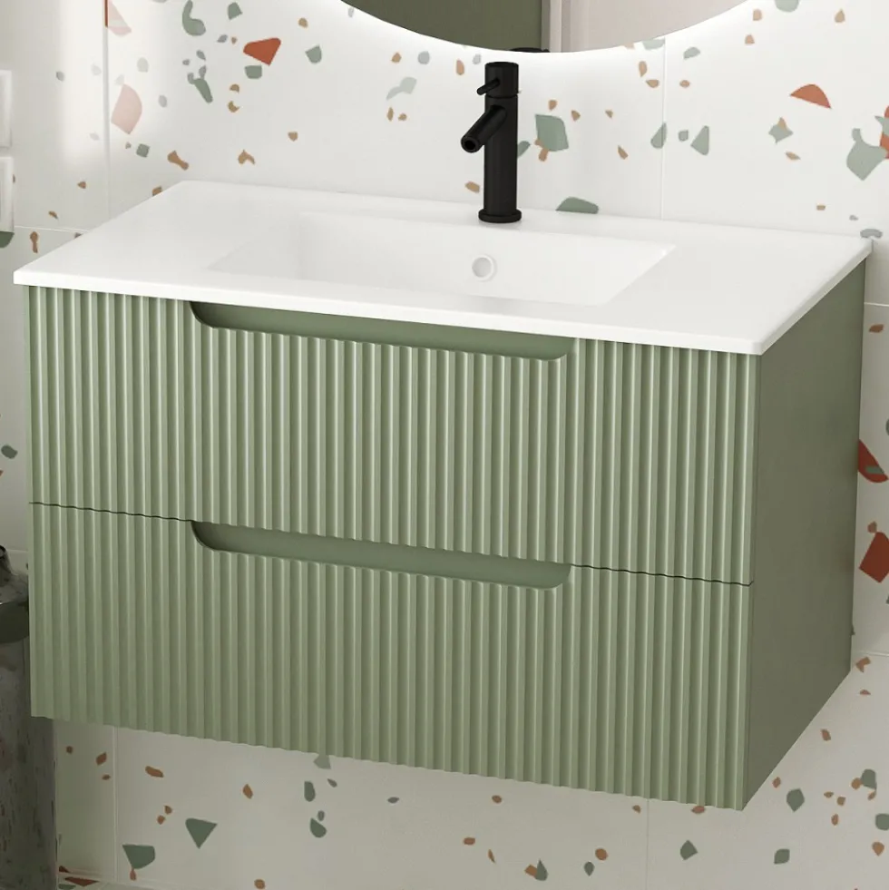 Ensemble meuble vasque salle de bains - 80 cm - 2 tiroirs - Vert Olive AURLANE