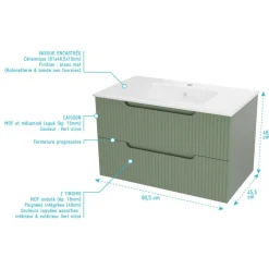 Ensemble meuble vasque salle de bains - 80 cm - 2 tiroirs - Vert Olive AURLANE