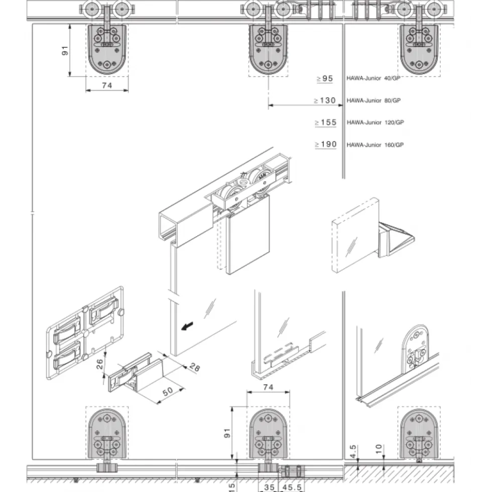 Guide inférieur autoserrant Junior GP HAWA