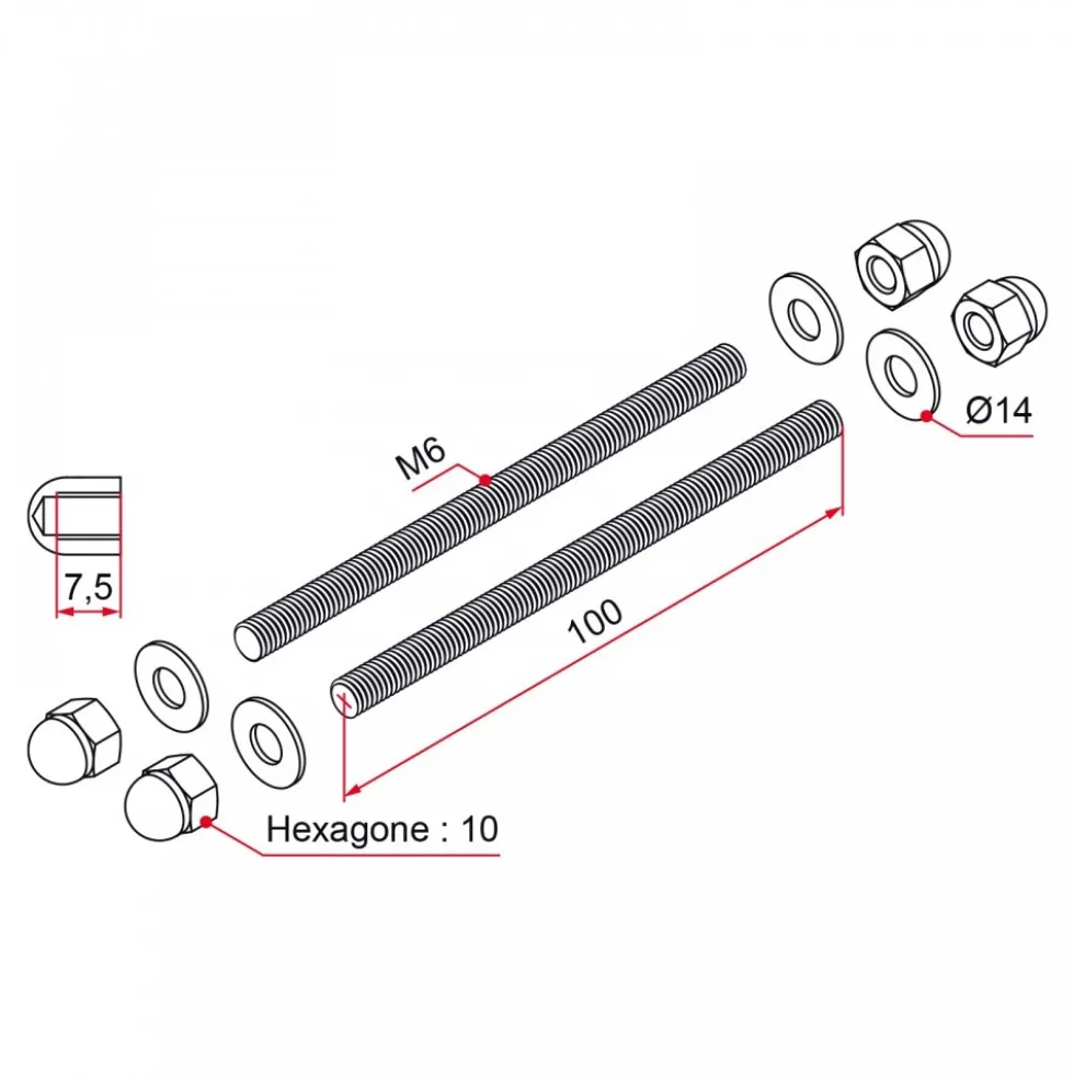Kit de fixation M6 traversant pour 2 poignées Leviita support multi-matériaux TIRARD