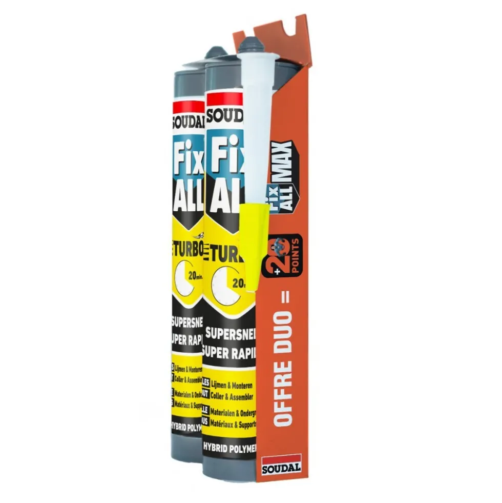 Lot de 2 mastic-colles Fix All Turbo - 2 x 290 ml + canule - blanc SOUDAL