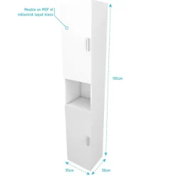 Meuble colonne pour salle de bains 182x35x30 cm - Blanc laqué - Eco 35 AURLANE