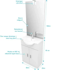 Meuble de salle de bains complet 60 cm - vasque céramique - miroir LED AURLANE