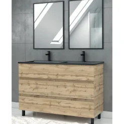 Meuble salle de bains double vasque 120 cm noire - chêne naturel - Timber AURLANE