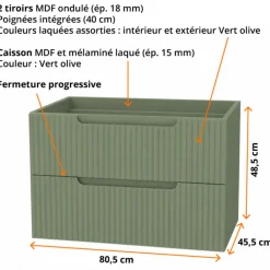 Meuble salle de bains suspendu 80 cm - 2 tiroirs MDF ondulé - vert olive - Emilien AURLANE