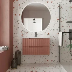 Meuble salle de bains suspendu 80 cm - 2 tiroirs MDF ondulé - terracotta - Emilien AURLANE