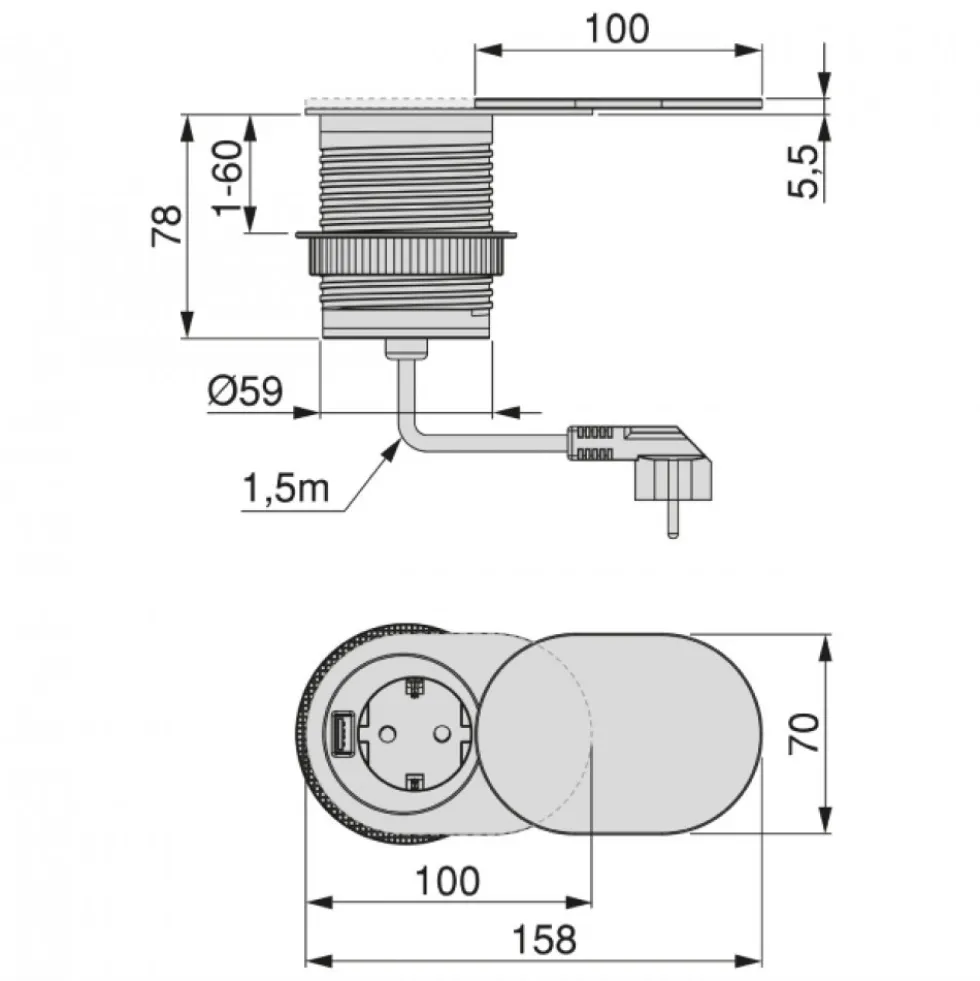 Multiprises à encastrer - avec couvercle - 2 prises - Vertikal Flat 60 EMUCA
