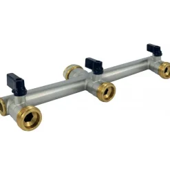 Nourrice 3 sorties avec robinets arrivée femelle 20x27 - 3 sorties mâle 20x27 - entraxe 110 mm FAUQUET