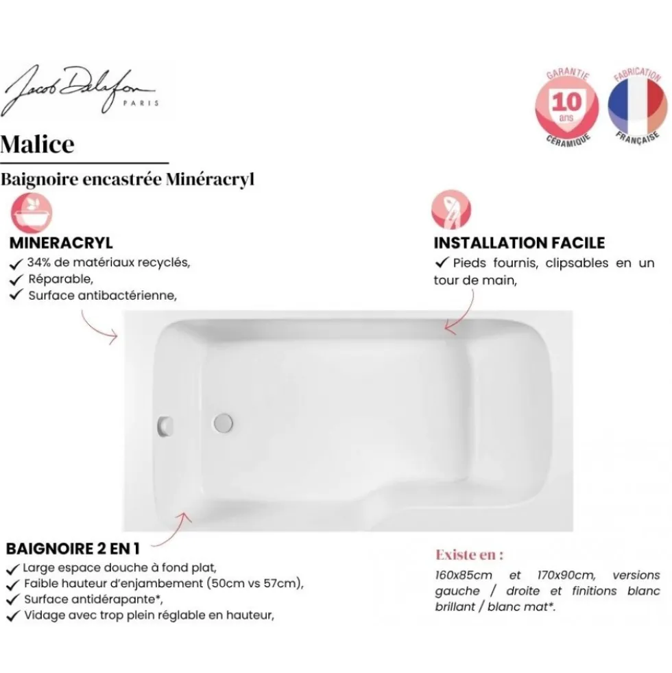 Pack bain-douche 160x85cm droite Malice avec pare-bain 2 volets et tablier JACOB DELAFON