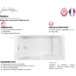 Pack bain-douche 160x85cm droite Malice avec pare-bain 2 volets et tablier frontal+latéral JACOB DELAFON