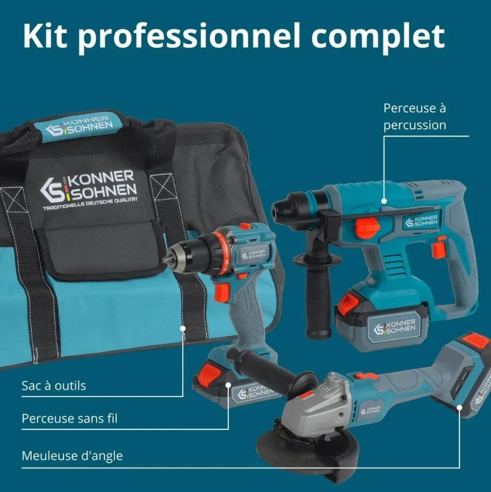 Pack 3 machines perceuse, meuleuse d'angle, perforateur 20V - KS RHAGD 20V KONNER & SOHNEN
