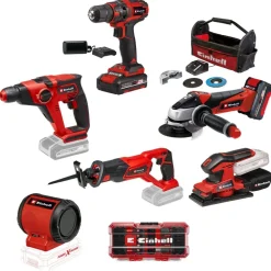 Pack 5 machines 18V + 1 offerte + batteries + sac de transport + coffret d’accessoires EINHELL