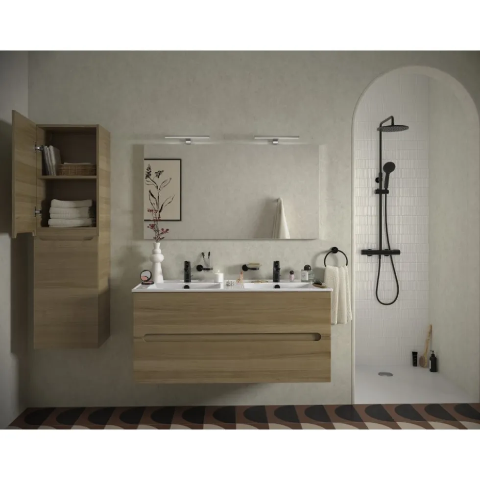 Pack meuble 120cm 2 tiroirs double vasque + Colonne 140cm + Miroir 100cm + 2 spot LED JACOB DELAFON