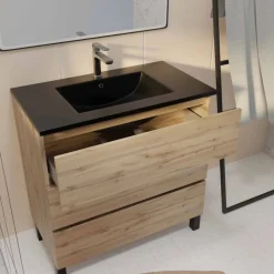 Pack meuble de salle de bains avec vasque noire - 80 cm - 3 tiroirs - Timber AURLANE