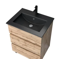 Pack meuble de salle de bains 60 cm sur pieds - 3 tiroirs - chêne naturel + Vasque noire - Timber AURLANE