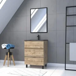Pack meuble de salle de bains 60 cm sur pieds - 3 tiroirs - chêne naturel + Vasque noire - Timber AURLANE